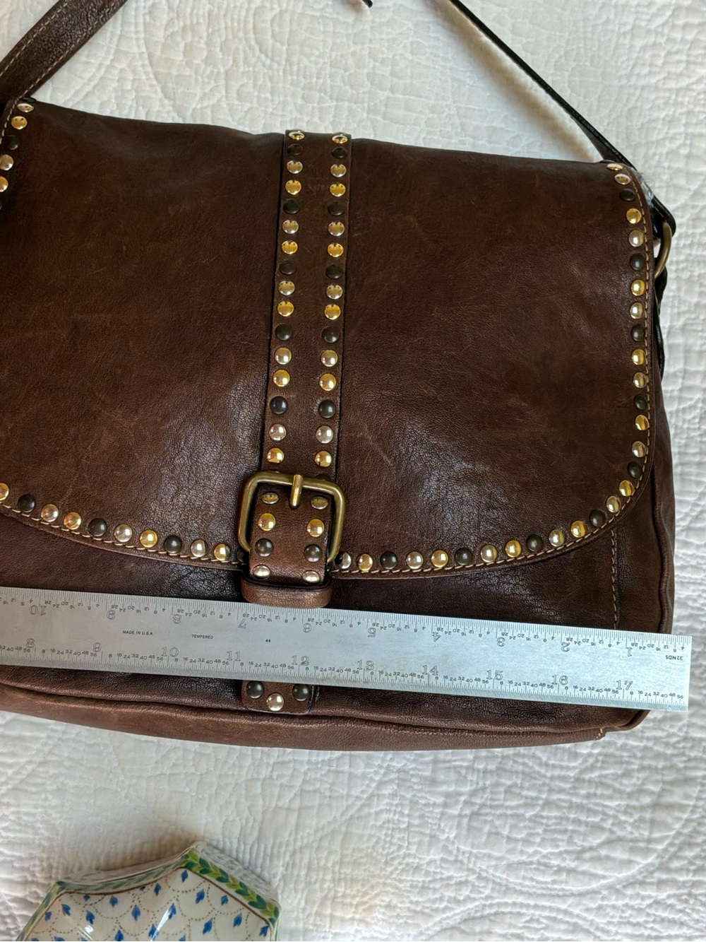Brown Studded Leather Messenger Bag - Picture 5 of 10